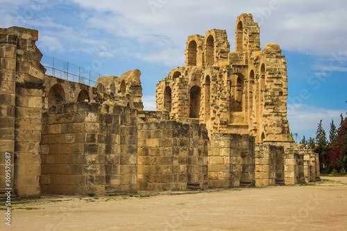 Panoramic view of ancient roman amphitheater in El Djem, Tunisia, North Africa