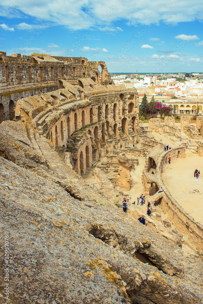 Panoramic view of ancient roman amphitheater in El Djem, Tunisia, North Africa