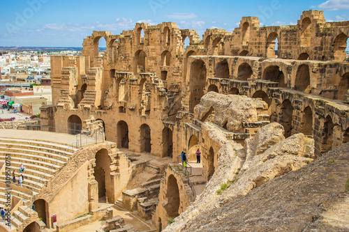 Panoramic view of ancient roman amphitheater in El Djem, Tunisia, North Africa