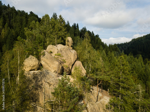 Stone rocks Ternoshorska Lada amidst beautiful scenic Carpathian forests. Symbol of motherhood and fertility, Kosiv region, Ivano-Frankivsk Oblast, Ukraine