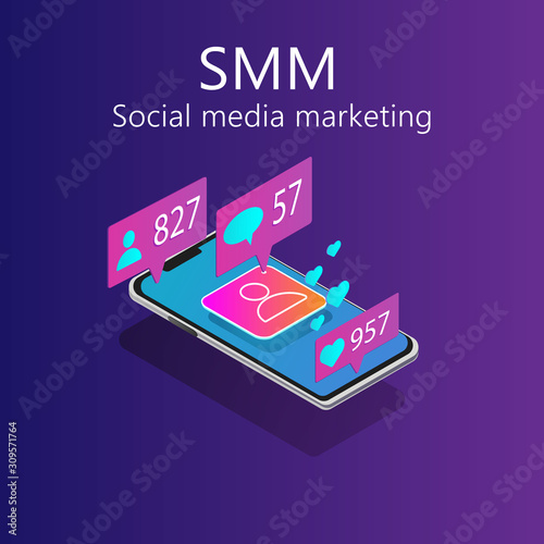 Ultraviolet neon Isometric image of smartphone .Vector illustration of social media engagement, SMM,internet advertisement can be use as banner, landing page,fly. photo