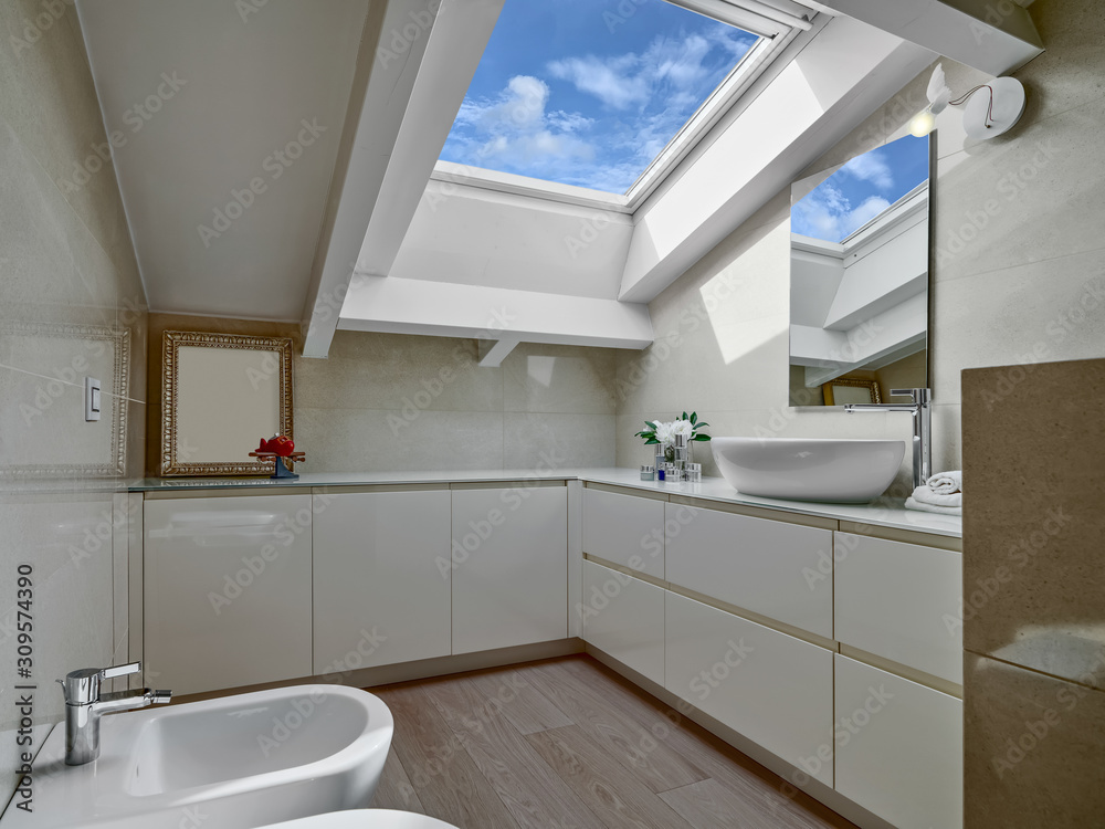 custom made wallpaper toronto digitalinteior shot of a modern bathroom in the attic with wood floor and the skylight