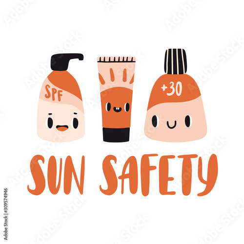 Sun safety. Cute cartoon set with kawaii cosmetics