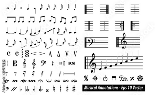 set of musical annotations or music note elements concept. easy to modify