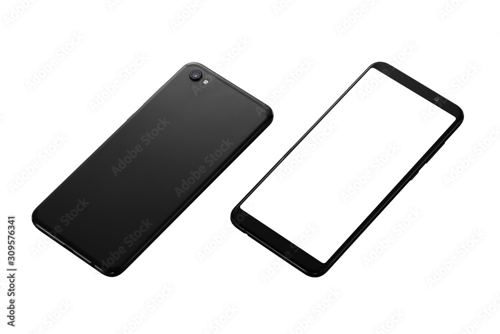 Phone front and back side isolated mockup. Modern phone with thin edges. Close-up, isometric position Phone front and back side isolated mockup. Modern phone with thin edges. Close-up, isometric position