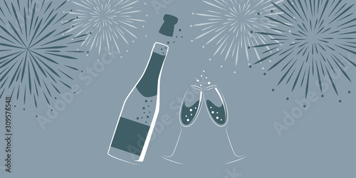 champagne bottle and glasses with new year fireworks vector illustration EPS10
