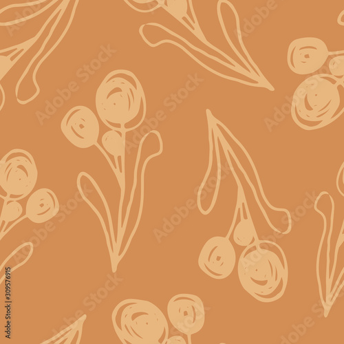 Floral seamless pattern in line art style.  Abstract botanical print of flowers, leaves, twigs. Textile design texture. Spring blossom background. Vector illustration.