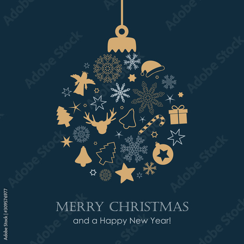 christmas ball with different symbols reindeer snowflake star fir candy cane gift angel bell vector illustration EPS10
