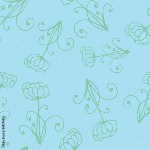 Floral seamless pattern in line art style.  Abstract botanical print of flowers  leaves  twigs. Textile design texture. Spring blossom background. Vector illustration.