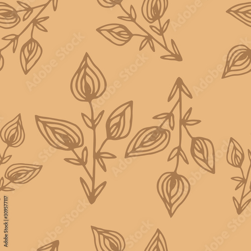 Floral seamless pattern in line art style.  Abstract botanical print of flowers, leaves, twigs. Textile design texture. Spring blossom background. Vector illustration.
