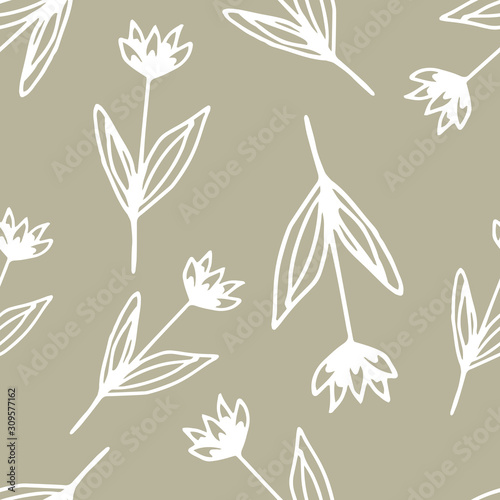 Floral seamless pattern in line art style.  Abstract botanical print of flowers, leaves, twigs. Textile design texture. Spring blossom background. Vector illustration.