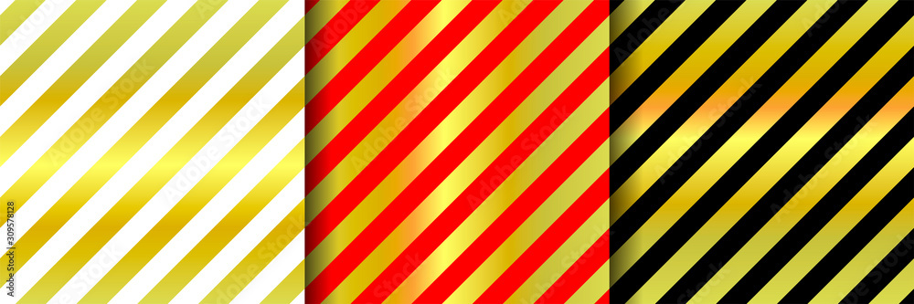 Set of Christmas vector striped seamless patterns. 3 holiday ornaments for wallpapers, posters, wrapping paper. Collection of New Year illustrations with gold, black, red stripes, sparkles lines Set of Christmas vector striped seamless patterns. 3 holiday ornaments for wallpapers, posters, wrapping paper. Collection of New Year illustrations with gold, black, red stripes, sparkles lines