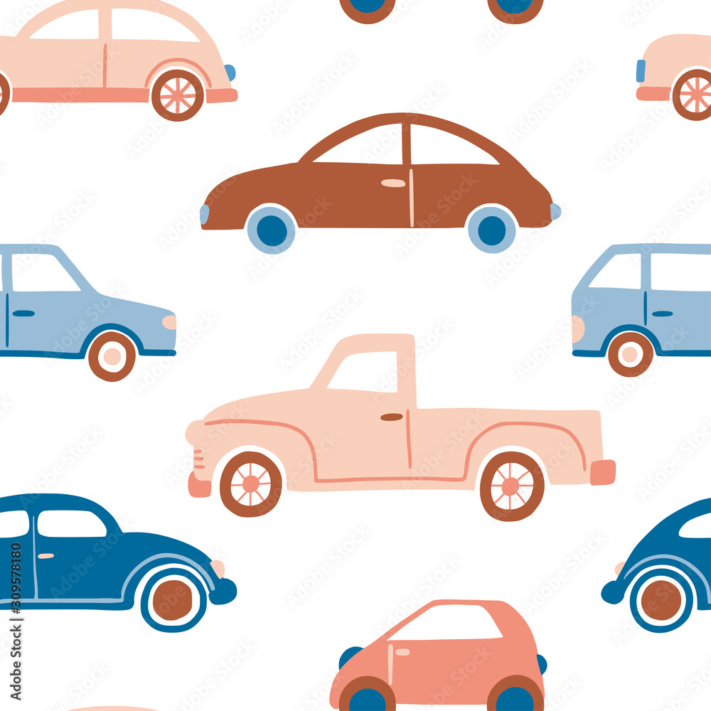 Naklejka premium Hand drawn cars seamless pattern