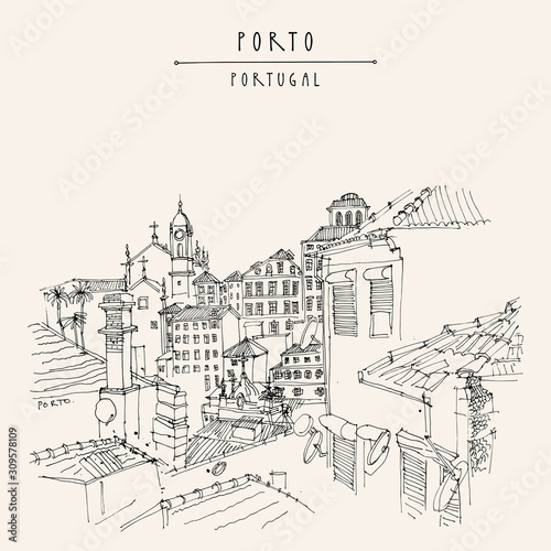 Porto (Oporto), Portugal, Europe. Old town, nice houses and a church. Hand drawing in retro style. Travel sketch. Vintage touristic postcard, poster, calendar or book illustration