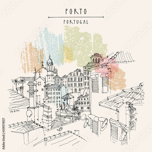 Porto (Oporto), Portugal, Europe. Old town, nice houses and a church. Hand drawing in retro style. Travel sketch. Vintage touristic postcard, poster, calendar or book illustration