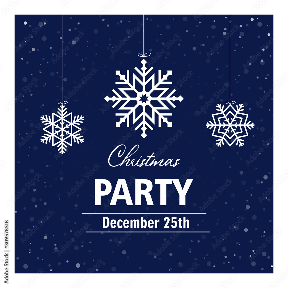 Christmas party invitation card, banner, poster, postcard, flyer. Vector illustration with white snowflakes and text on dark blue isolated background. Christmas party invitation card, banner, poster, postcard, flyer. Vector illustration with white snowflakes and text on dark blue isolated background.