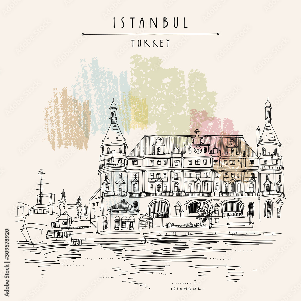 Istanbul, Turkey. Haydarpasa train station and dock. Hand drawn tourist attraction, beautiful old architecture. Travel sketch of a nice building. Vintage touristic postcard or poster