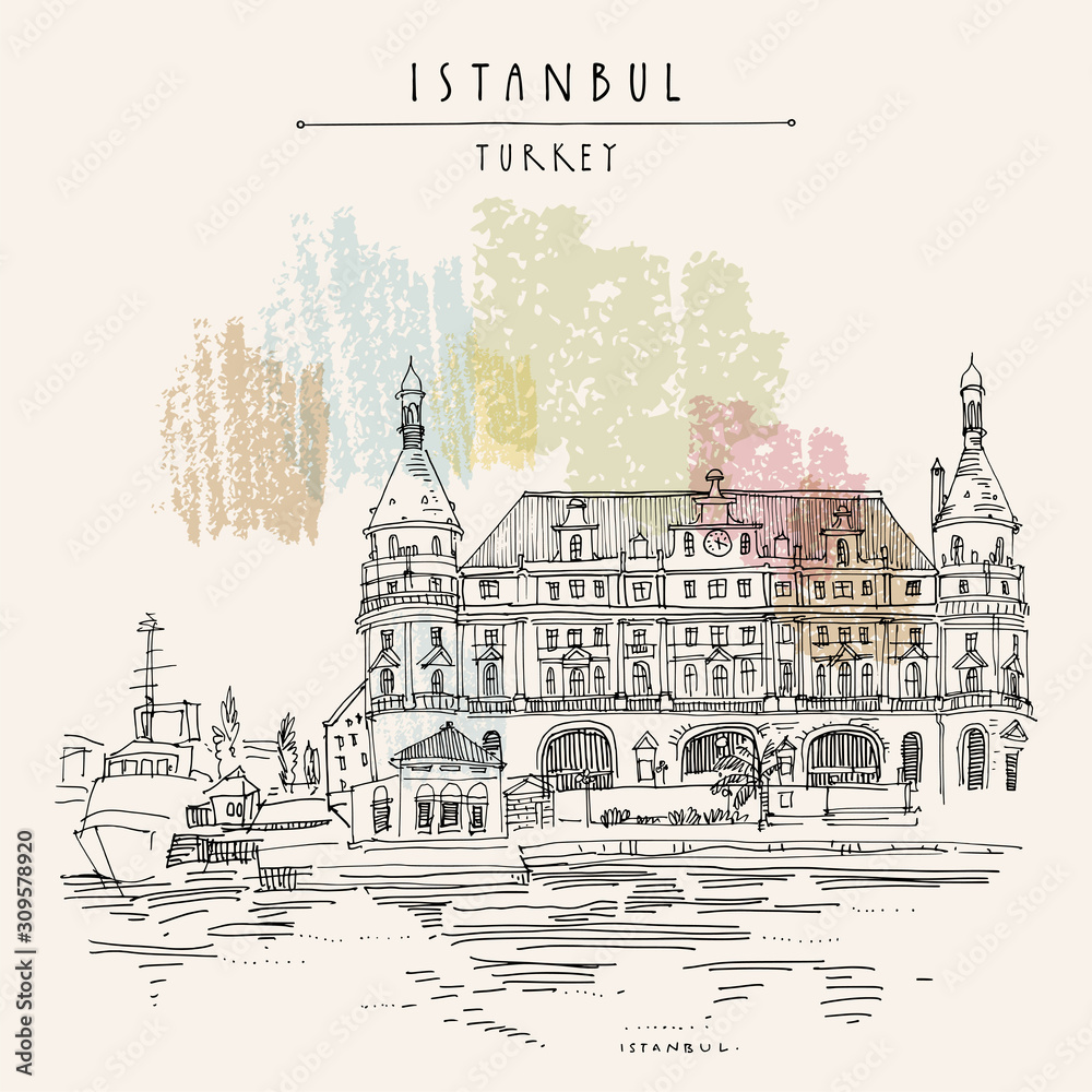 Fototapeta premium Istanbul, Turkey. Haydarpasa train station and dock. Hand drawn tourist attraction, beautiful old architecture. Travel sketch of a nice building. Vintage touristic postcard or poster