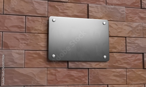 Blank steel name plate on brick wall. Signboard template. 3d illustration