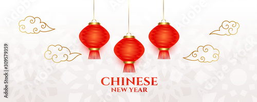 chinese new year white banner with hanging lanterns