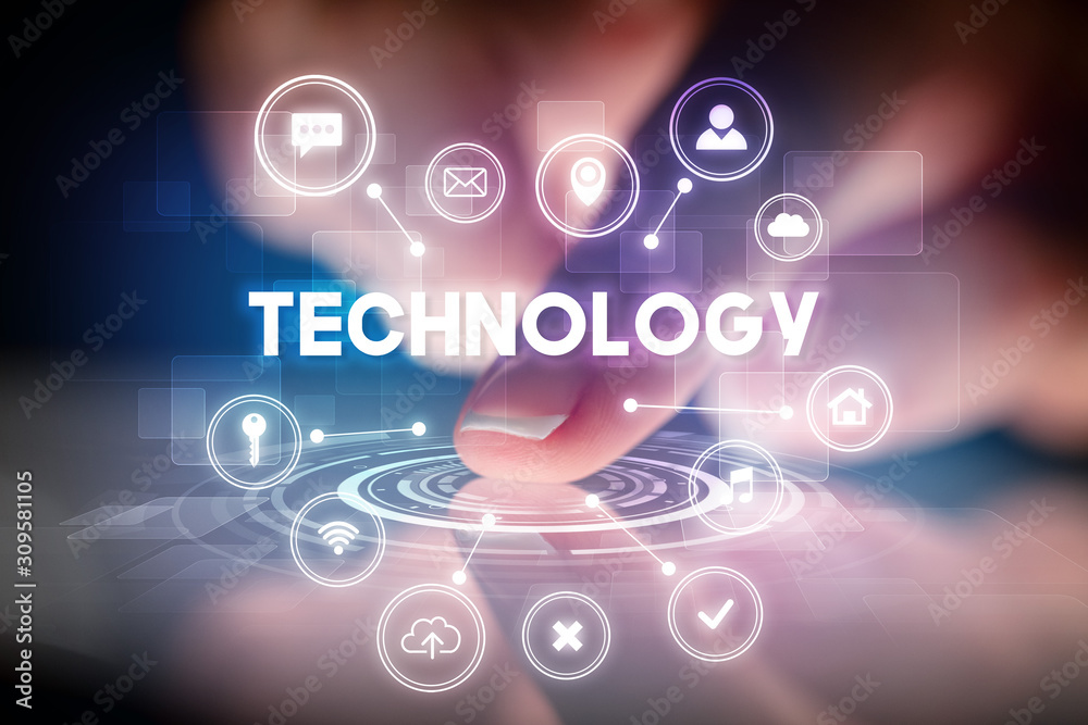 Finger touching tablet with web technology icons and TECHNOLOGY inscription, web technology concept Finger touching tablet with web technology icons and TECHNOLOGY inscription, web technology concept