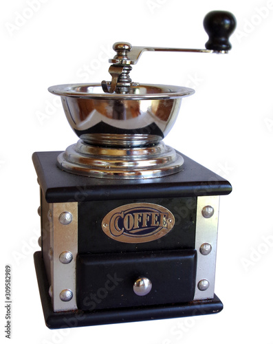 Vintage black coffee mill isolated on white background