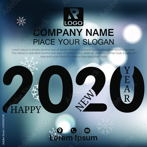 Happy New Year 2020 text design. Cover of business diary for 2020 with wishes. Brochure design template, card, banner. Vector illustration. Isolated on white brighten background.
