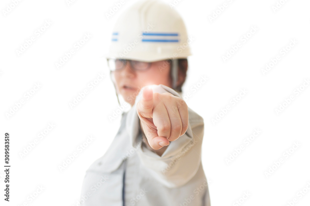 指差しをする女性作業員(指先に光り) 指差しをする女性作業員(指先に光り)
