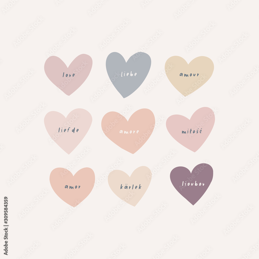Vector poster of retro hued heart silhouette in various shapes with love word inscriptions in different languages on light background. Simple flat hearty design with rough, uneven edge. Lovely hearty