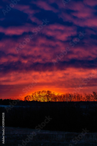 Dramatic autumn sunrise with a treeline silhouette in purple, red, and orange in the clouds