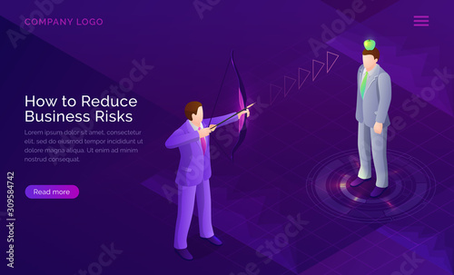 Business risk reduction, project assessment strategy isometric concept vector illustration. Impact reduction, analysis possible losses banne. Businessman shoots archery bow into apple on man head