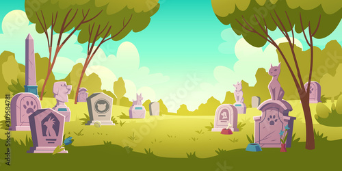 Pet cemetery day landscape, tombstone with footprint inscription and animal monument, cartoon vector. Gravestones, obelisk, ossuary or crypt with cats and dogs figures on green grass lawn background