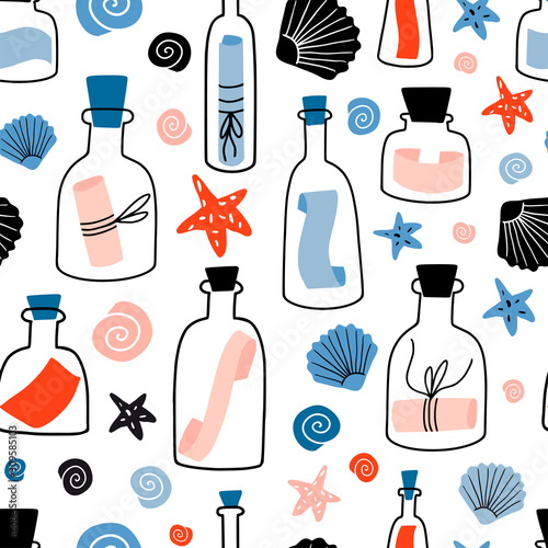 Nautical seamless pattern with message in a bottle