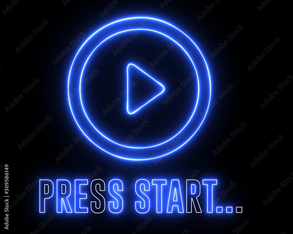 Neon, shinny blue play button and text of "PRESS START" Illustration Stock  | Adobe Stock