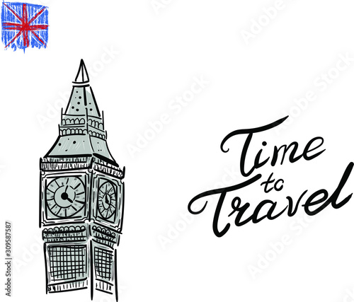 london big ben and london, england flag, lettering . Concept for card, logo, label, web design