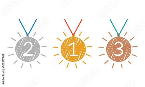 3 winner medals. gold, silver and bronze medals in the style of a hand-drawn outline, brush texture.