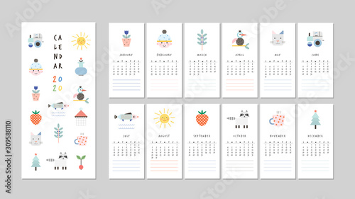 Calendar 2020. Cute printable creative template with fun elements