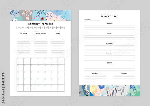 Monthly Planner plus Weekly List Templates. Organizer and Schedule with Notes and To Do List. Vector