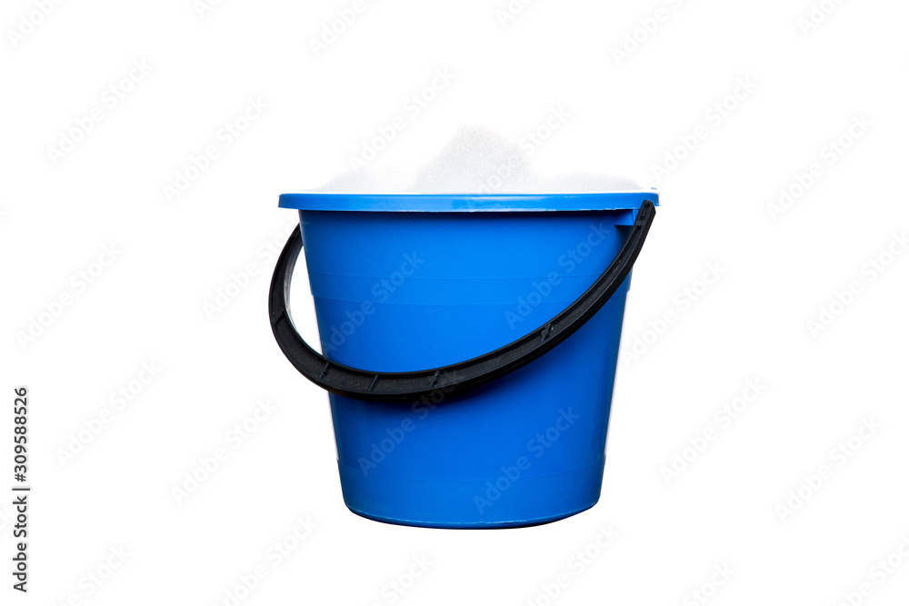 Plastic blue water bucket with soapsuds and black handle. Cleaning Products and Supplies. Isolated white background Plastic blue water bucket with soapsuds and black handle. Cleaning Products and Supplies. Isolated white background