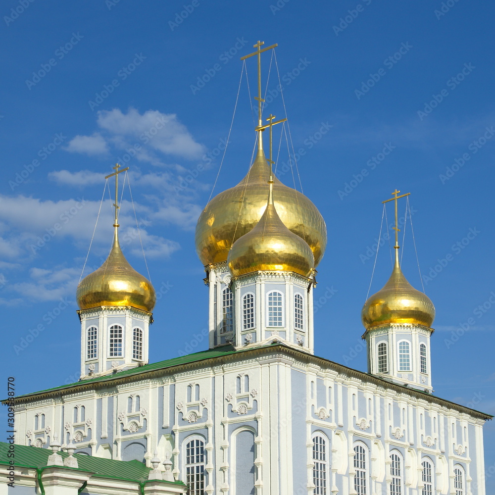 Tula, Russia - September 12, 2019: Domes of the Assumption Cathedral in the Tula Kremlin
