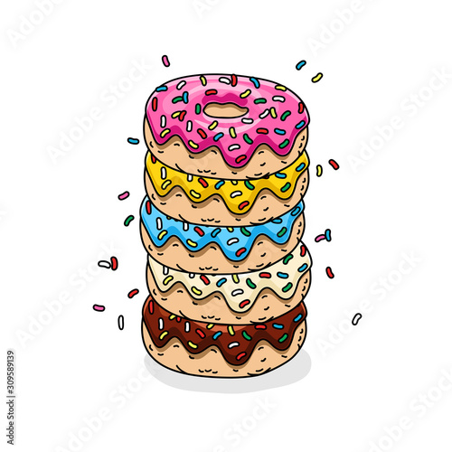chocolate donut, donut with pink glaze, donuts with lemon, blue mint and white glaze and colored sprinkles.Vector illustration
