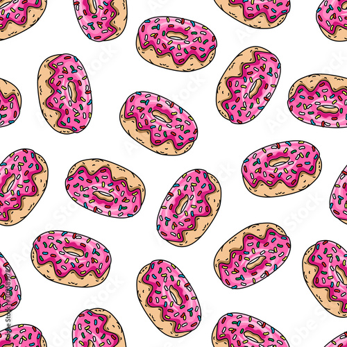 Cartoon donuts with pink glaze and colored sprinkles on white background. Seamless pattern. Texture for fabric, wrapping, wallpaper. Decorative print.