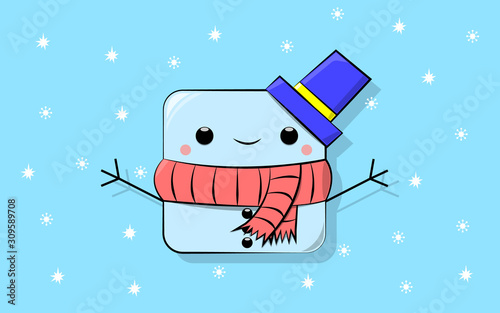 vector illustration of a cartoon cube-shaped snowman in a blue hat with a yellow stripe and in a red scarf with black stripes on a background of snowflakes