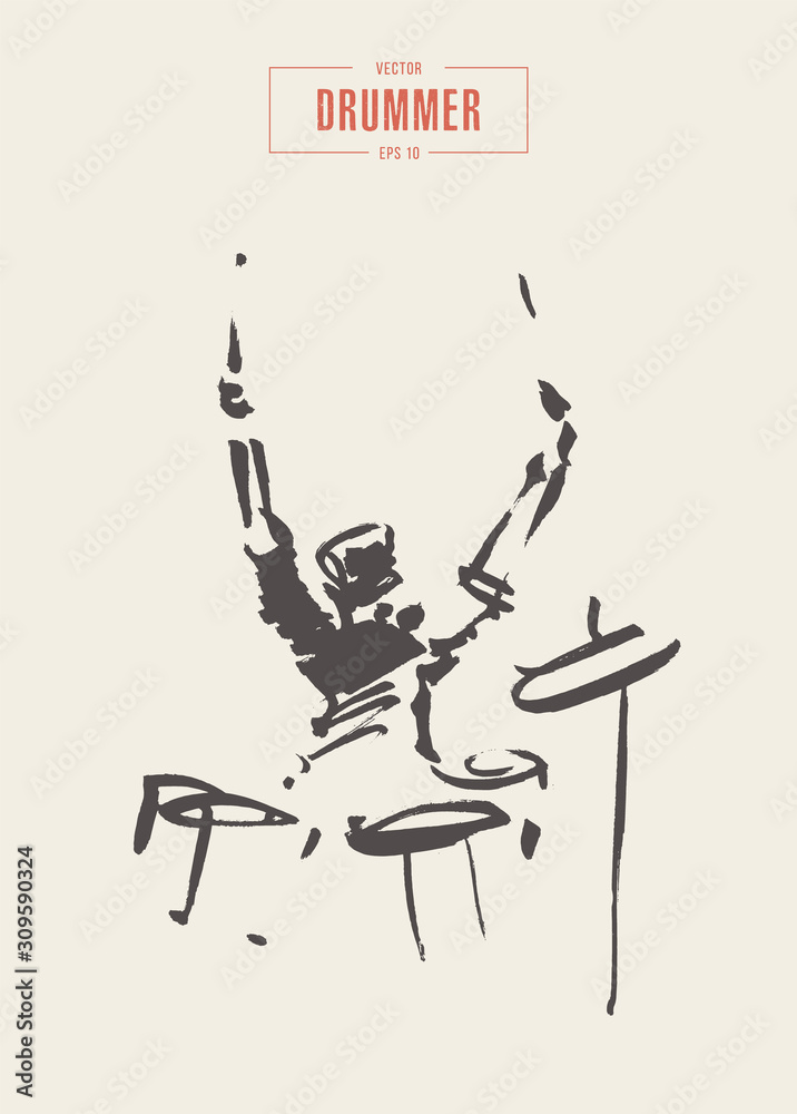 Fotografie Drummer at the drum kit. Hand drawn vector sketch