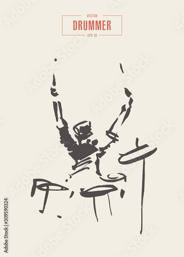 Drummer at the drum kit. Hand drawn vector sketch