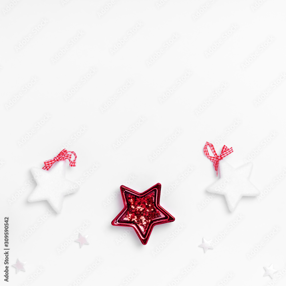 New Year and Christmas composition. Frame on white background. Top view, flat lay, copy space. New Year and Christmas composition. Frame on white background. Top view, flat lay, copy space.