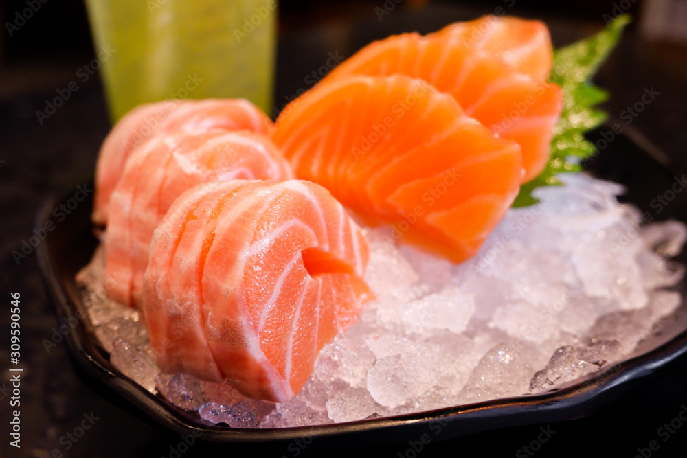 Fresh Salmon sashimi on ice, Japanese food