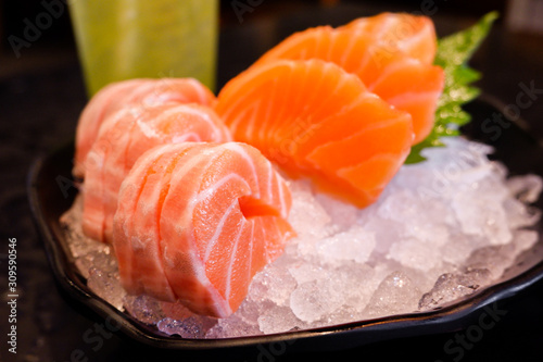 Fresh Salmon sashimi on ice, Japanese food