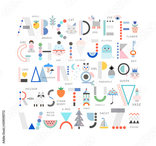Cute modern and creative alphabet. Letters and words. Learn to read. Isolated.