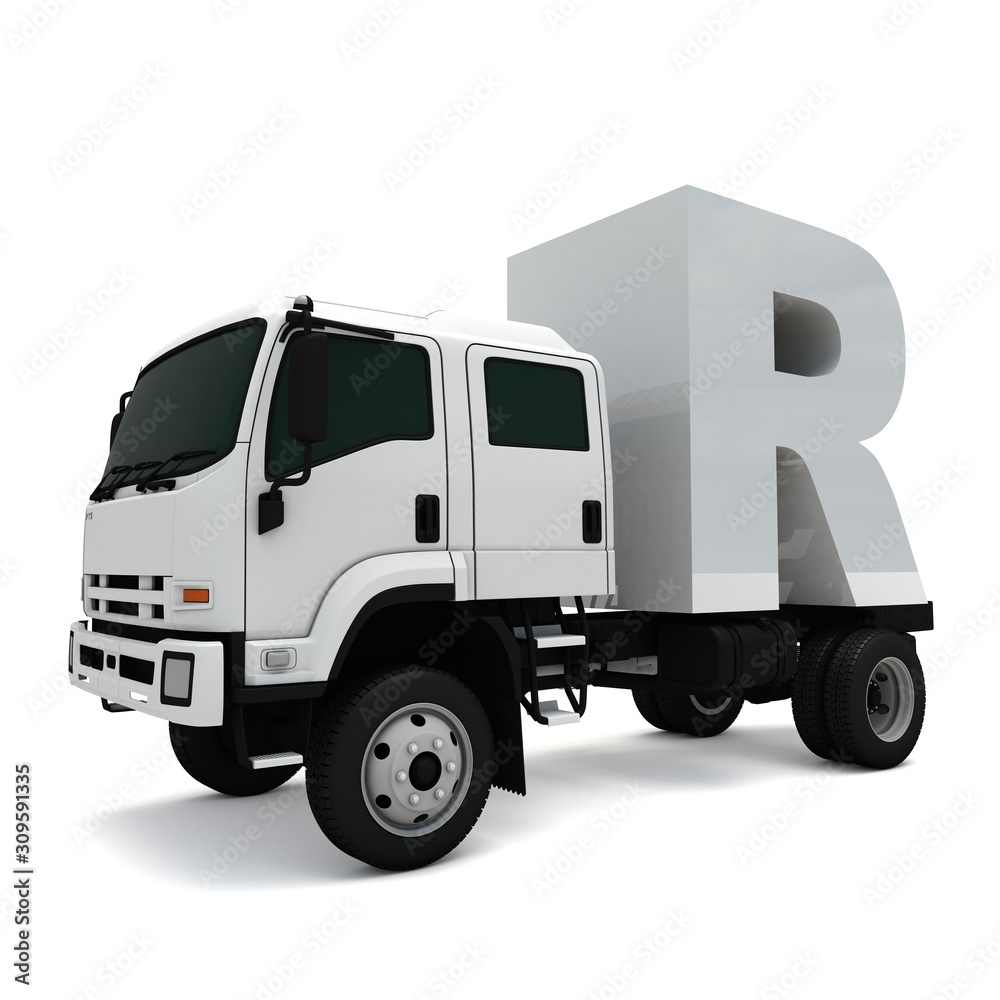 3D illustration of truck with letter R